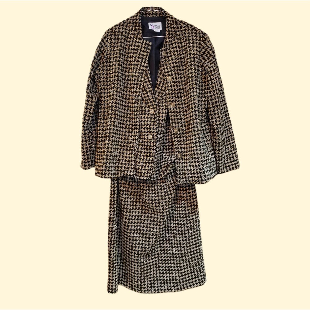 90s Twee Indie Metallic Gold Black Houndstooth Skirt Suit